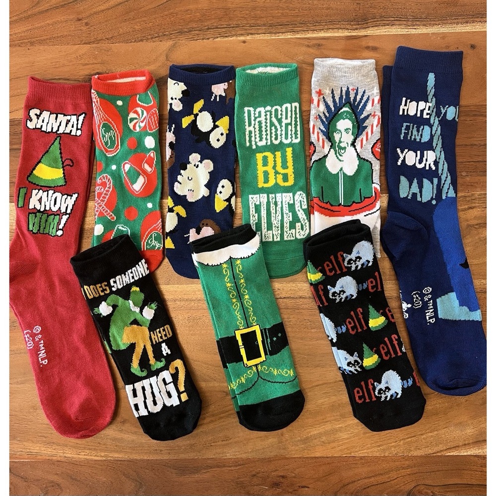 9 Pairs Of ELF Movie Christmas Themed Socks Long And Short Size 7-12 Lot